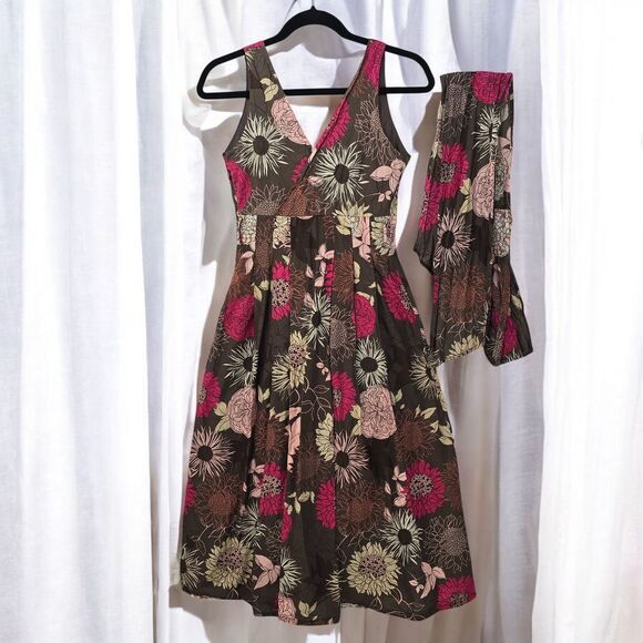 a.n.a Floral V-Neck Cotton Sundress Brown Pink‎ Garden Party Summer Dress Size 4 - Picture 1 of 12